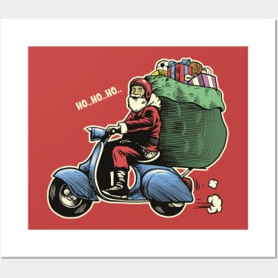 Vintage Santa Claus Riding a Scooter Posters and Art